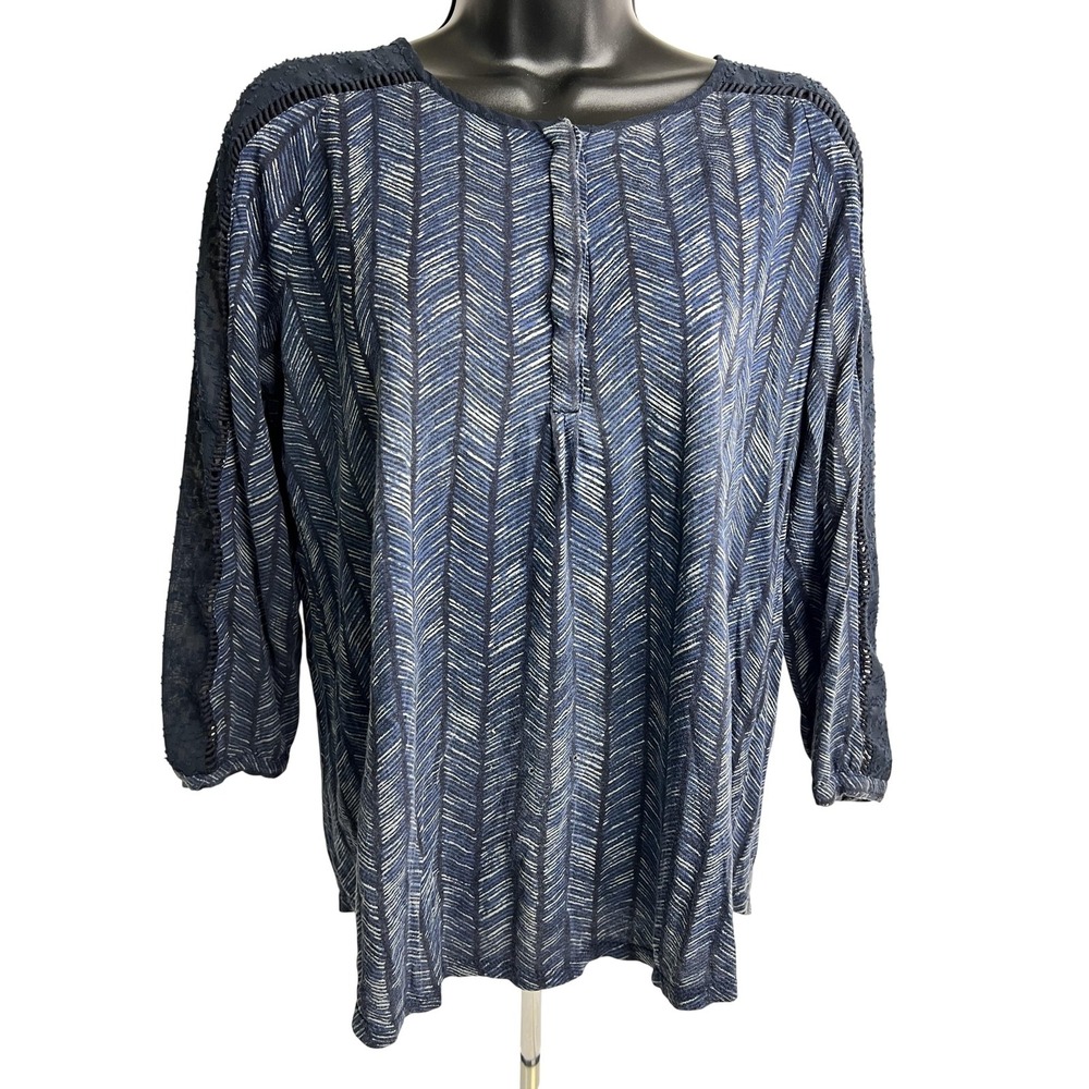 Lucky Brand Blouse Womens Small Navy Blue Boho Peasant 3/4 Sleeve Crochet Yoke